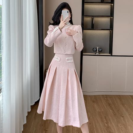 FA43018# 秋冬新款LazyDidi桃花醉复古小香风外套加百褶长裙两件套装 服裝批發女裝批發服飾貨源