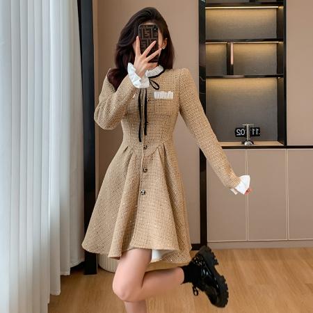 FA43030# 韩版千金公主小香风连衣裙女秋冬新款高级感收腰气质A字短裙 服裝批發女裝批發服飾貨源