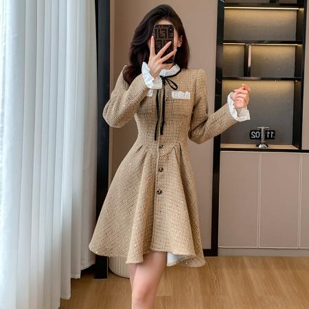 FA43030# 韩版千金公主小香风连衣裙女秋冬新款高级感收腰气质A字短裙 服裝批發女裝批發服飾貨源