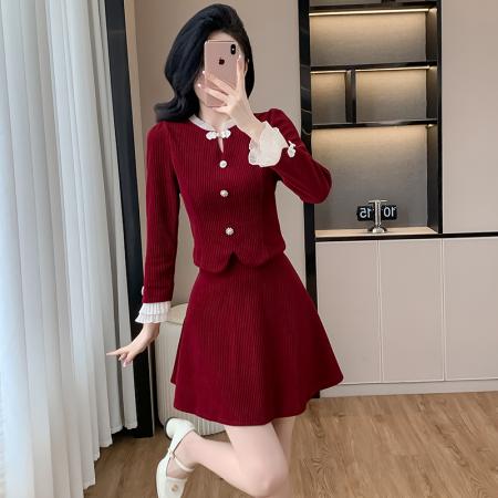 FA43031# 名媛秋冬新款气质酒红色礼服长袖灯芯绒旗袍连衣裙套装 服裝批發女裝批發服飾貨源