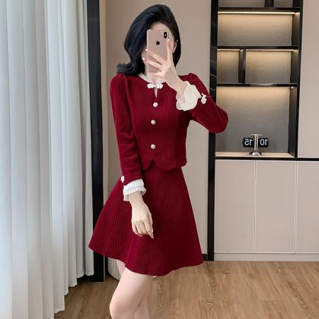 FA43031# 名媛秋冬新款气质酒红色礼服长袖灯芯绒旗袍连衣裙套装 服裝批發女裝批發服飾貨源