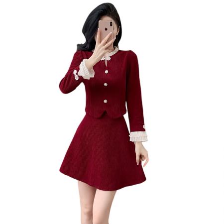 FA43031# 名媛秋冬新款气质酒红色礼服长袖灯芯绒旗袍连衣裙套装 服裝批發女裝批發服飾貨源