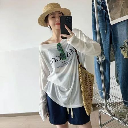 FA43034# 早秋新款时尚百搭一字领高级感字母长袖T恤女欧洲站防晒上衣 服裝批發女裝批發服飾貨源