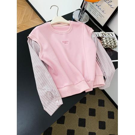 FA43044# 圆领粉色长袖卫衣绒衫女秋新款拼接假两件学生上衣 服裝批發女裝批發服飾貨源