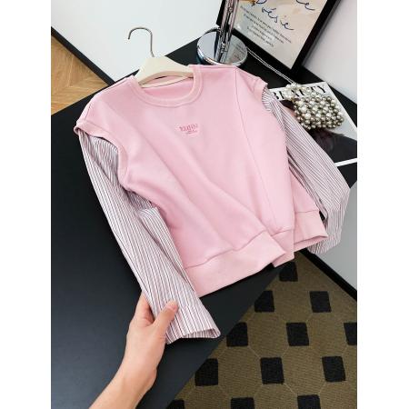 FA43044# 圆领粉色长袖卫衣绒衫女秋新款拼接假两件学生上衣 服裝批發女裝批發服飾貨源