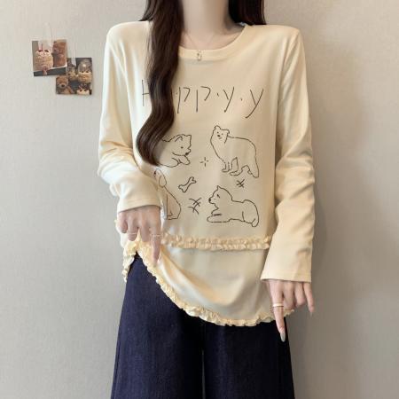 FA43045# 大码韩系气质百搭卡通印花秋季新款木耳拼接长袖T恤打底衫 服裝批發女裝批發服飾貨源