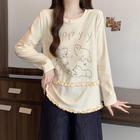 FA43045# 大码韩系气质百搭卡通印花秋季新款木耳拼接长袖T恤打底衫 服裝批發女裝批發服飾貨源
