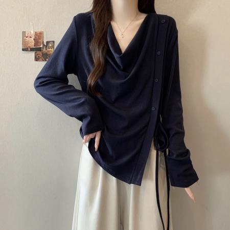 FA43050# 大码胖mm正肩长袖t恤显瘦遮肉早秋新款不规则荡领上衣 服裝批發女裝批發服飾貨源
