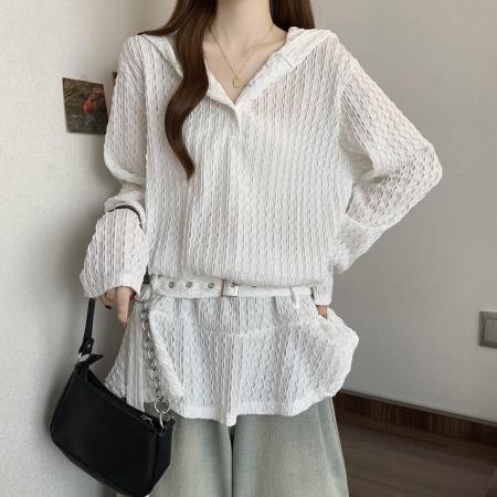 FA43051# 大码微胖长袖针织衫女秋新款设计感胖mm宽松显瘦连帽上衣 服裝批發女裝批發服飾貨源