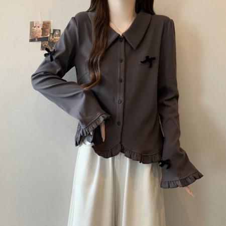 FA43052# 大码翻领立体蝴蝶结T恤女秋季新款打底内搭荷叶边上衣 服裝批發女裝批發服飾貨源