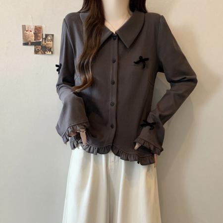 FA43052# 大码翻领立体蝴蝶结T恤女秋季新款打底内搭荷叶边上衣 服裝批發女裝批發服飾貨源