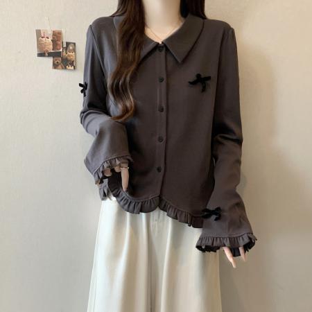 FA43052# 大码翻领立体蝴蝶结T恤女秋季新款打底内搭荷叶边上衣 服裝批發女裝批發服飾貨源