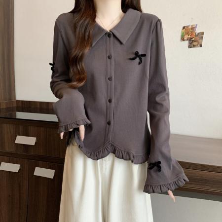 FA43052# 大码翻领立体蝴蝶结T恤女秋季新款打底内搭荷叶边上衣 服裝批發女裝批發服飾貨源
