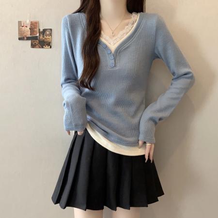 FA43055# 大码蕾丝拼接V领长袖针织衫女秋新款假两件内搭打底上衣 服裝批發女裝批發服飾貨源