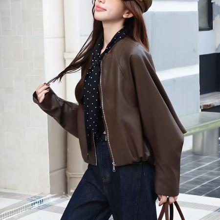 FA43056# 韩系高级感蝙蝠袖皮衣外套女秋冬新款休闲气质夹克配丝巾短款 服裝批發女裝批發服飾貨源