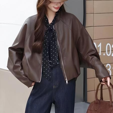 FA43056# 韩系高级感蝙蝠袖皮衣外套女秋冬新款休闲气质夹克配丝巾短款 服裝批發女裝批發服飾貨源