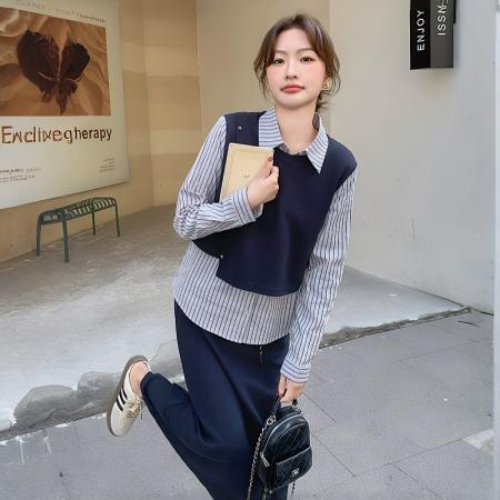 FA43058# 条纹拼接假两件卫衣套装女早秋新款韩系气质减龄半身裙两件套 服裝批發女裝批發服飾貨源