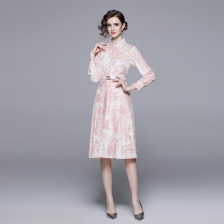 FA43061# 翻领长袖单排扣系带收腰印花中长款气质百褶连衣裙女秋季 服裝批發女裝批發服飾貨源