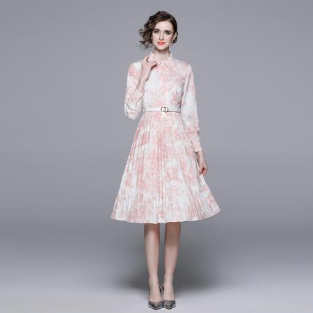FA43061# 翻领长袖单排扣系带收腰印花中长款气质百褶连衣裙女秋季 服裝批發女裝批發服飾貨源