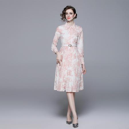 FA43061# 翻领长袖单排扣系带收腰印花中长款气质百褶连衣裙女秋季 服裝批發女裝批發服飾貨源