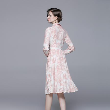 FA43061# 翻领长袖单排扣系带收腰印花中长款气质百褶连衣裙女秋季 服裝批發女裝批發服飾貨源