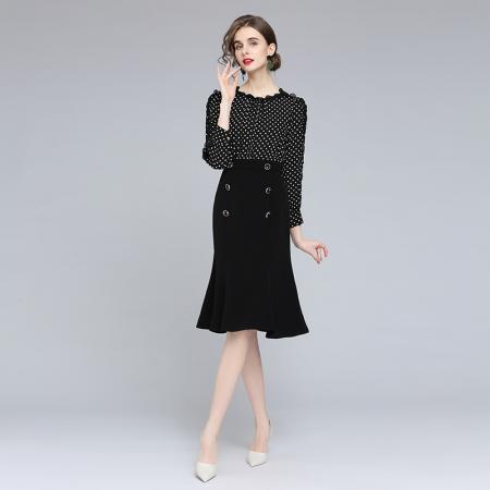 FA43062# -赫本风连衣裙女秋季新款高腰气质显瘦修身波点小黑裙 服裝批發女裝批發服飾貨源