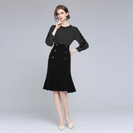 FA43062# -赫本风连衣裙女秋季新款高腰气质显瘦修身波点小黑裙 服裝批發女裝批發服飾貨源
