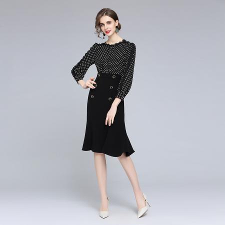 FA43062# -赫本风连衣裙女秋季新款高腰气质显瘦修身波点小黑裙 服裝批發女裝批發服飾貨源
