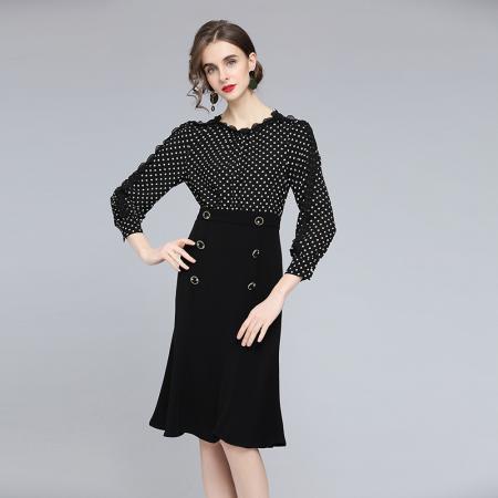 FA43062# -赫本风连衣裙女秋季新款高腰气质显瘦修身波点小黑裙 服裝批發女裝批發服飾貨源