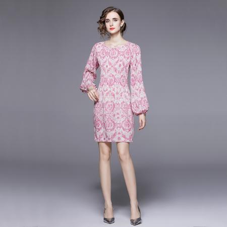 FA43063# -粉色长袖连衣裙女秋季新款法式小个子气质高级感裙子 服裝批發女裝批發服飾貨源