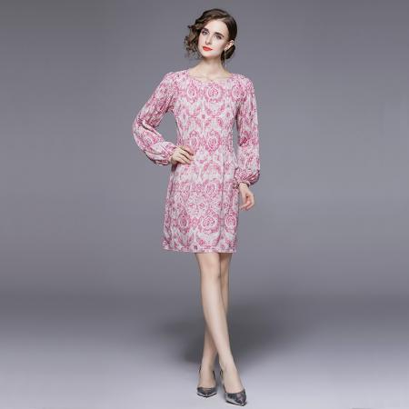 FA43063# -粉色长袖连衣裙女秋季新款法式小个子气质高级感裙子 服裝批發女裝批發服飾貨源