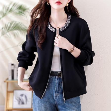 FA43065# 休闲棒球服钉珠片拉链开衫圆领短外套 服裝批發女裝批發服飾貨源