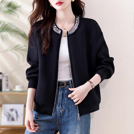 FA43065# 休闲棒球服钉珠片拉链开衫圆领短外套 服裝批發女裝批發服飾貨源