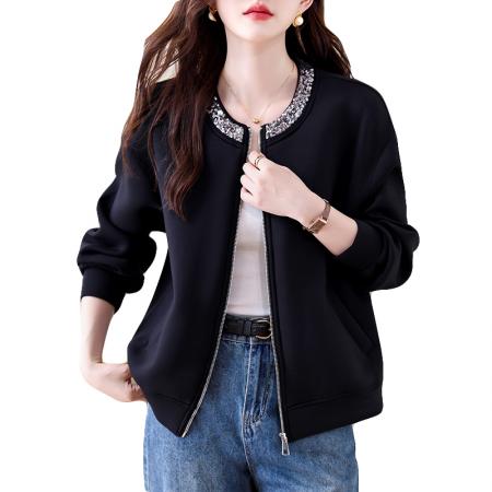 FA43065# 休闲棒球服钉珠片拉链开衫圆领短外套 服裝批發女裝批發服飾貨源