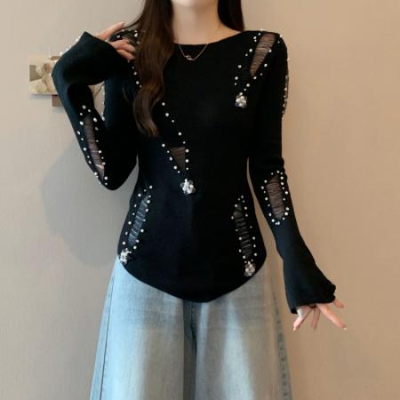 FA43067# 大码女装胖mm秋季设计感镂空破洞钉珠上衣独特显瘦打底针织衫 服裝批發女裝批發服飾貨源