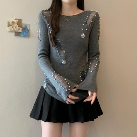 FA43067# 大码女装胖mm秋季设计感镂空破洞钉珠上衣独特显瘦打底针织衫 服裝批發女裝批發服飾貨源