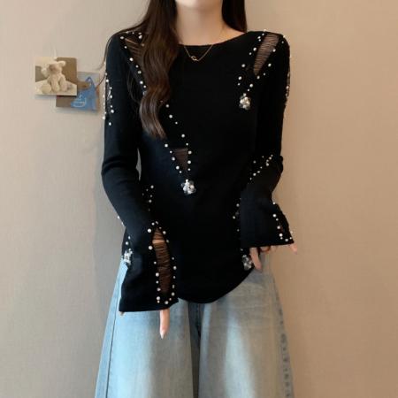 FA43067# 大码女装胖mm秋季设计感镂空破洞钉珠上衣独特显瘦打底针织衫 服裝批發女裝批發服飾貨源