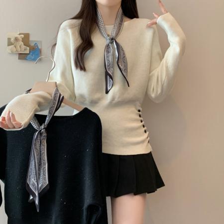 FA43068# 大码女装胖mm秋冬法式丝巾收腰针织衫上衣蝙蝠袖宽松亮闪毛衣 服裝批發女裝批發服飾貨源