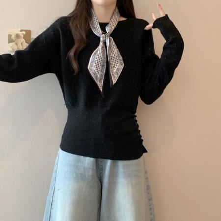 FA43068# 大码女装胖mm秋冬法式丝巾收腰针织衫上衣蝙蝠袖宽松亮闪毛衣 服裝批發女裝批發服飾貨源