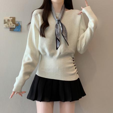 FA43068# 大码女装胖mm秋冬法式丝巾收腰针织衫上衣蝙蝠袖宽松亮闪毛衣 服裝批發女裝批發服飾貨源