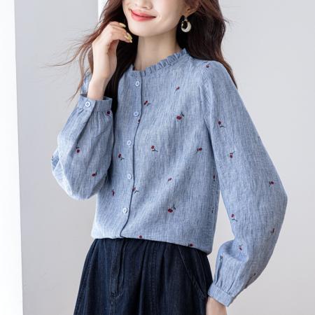 FA43071# 仿麻樱桃印花衬衫女秋季新款木耳边立领长袖百搭显瘦洋气上衣 服裝批發女裝批發服飾貨源
