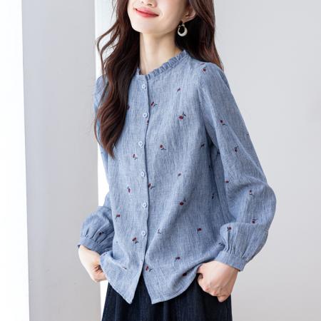 FA43071# 仿麻樱桃印花衬衫女秋季新款木耳边立领长袖百搭显瘦洋气上衣 服裝批發女裝批發服飾貨源