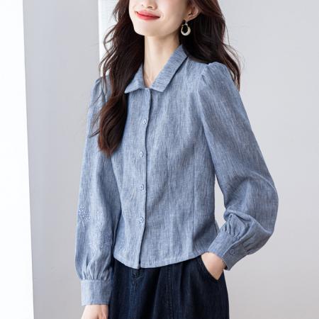 FA43073# 亚麻上衣女高端修身长袖刺绣上衣灯笼袖秋季新款 服裝批發女裝批發服飾貨源