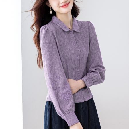 FA43073# 亚麻上衣女高端修身长袖刺绣上衣灯笼袖秋季新款 服裝批發女裝批發服飾貨源