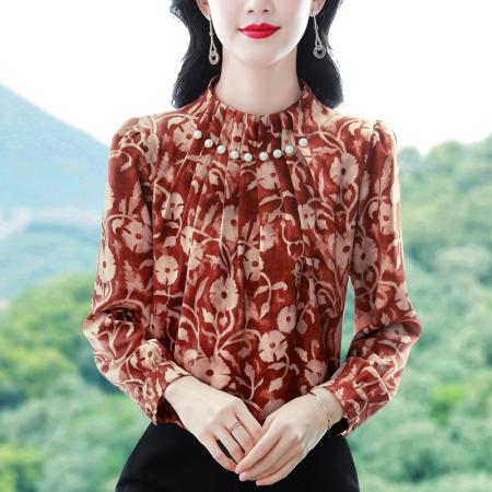 FA43074# 秋装新款缎面立领钉珠印花长袖雪纺衬衫女春秋洋气衬衣 服裝批發女裝批發服飾貨源