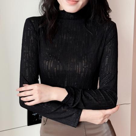FA43078# 秋冬季新款重工烫钻蕾丝半高领时尚打底衫女潮 服裝批發女裝批發服飾貨源