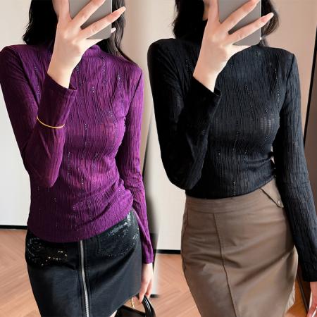 FA43078# 秋冬季新款重工烫钻蕾丝半高领时尚打底衫女潮 服裝批發女裝批發服飾貨源