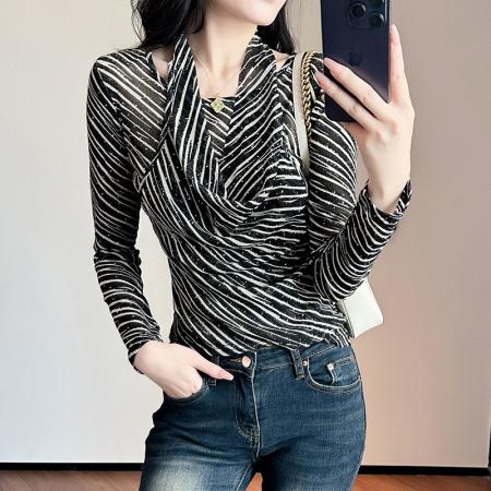 FA43081# 秋新款烫钻挂领条纹网纱长袖t恤女时尚修身性感打底衫女 服裝批發女裝批發服飾貨源