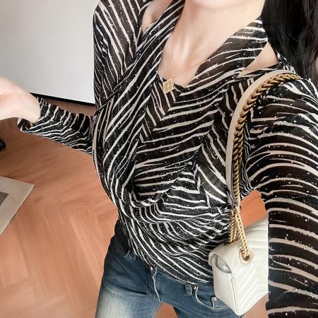 FA43081# 秋新款烫钻挂领条纹网纱长袖t恤女时尚修身性感打底衫女 服裝批發女裝批發服飾貨源