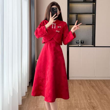 FA43094# 新中式国风高端女装两件套连衣裙高级感显瘦气质旗袍裙 服裝批發女裝批發服飾貨源